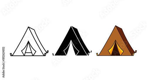 Three styles of tent icon outline, silhouette, and color isolated on