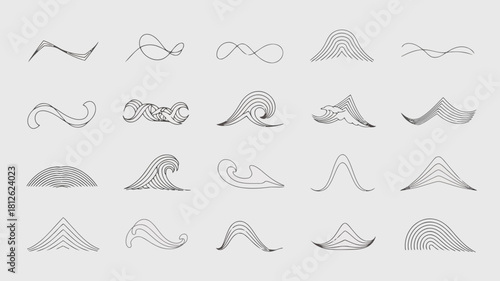 Collection of various abstract line art patterns and shapes including waves, loops, and curves