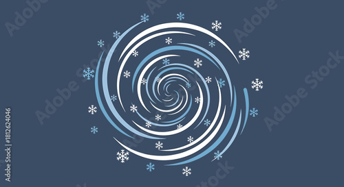 Abstract blue and white spiral design with swirling snowflakes