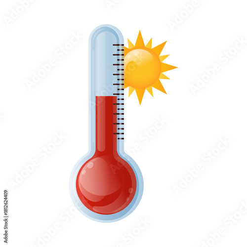 Hot thermometer 3D isolated on white background. Temperature icon. High temperature icon with sun. Element for websites, logo, weather forecast.  Red thermometer. Vector illustration.