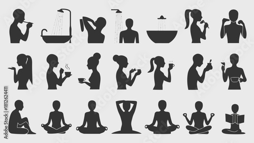 Silhouettes of people engaged in various activities such as showering, washing dishes, and meditating, isolated on