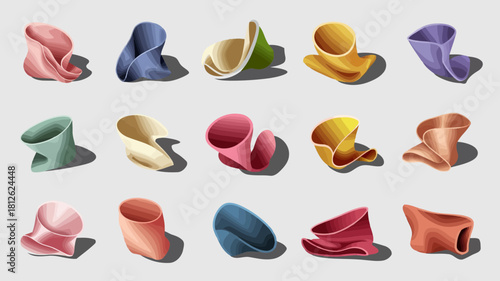 Colorful knitted slippers in various shapes and sizes arranged in a grid pattern