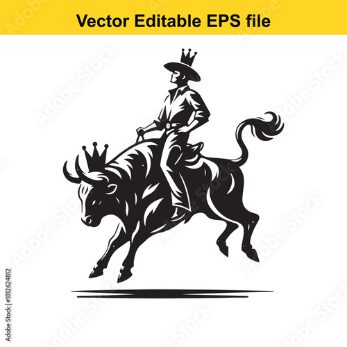 Black and white vector icon of cowboy riding a bucking bull