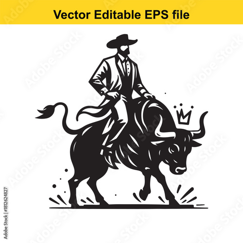 Vector illustration of a bearded man riding a crowned bull