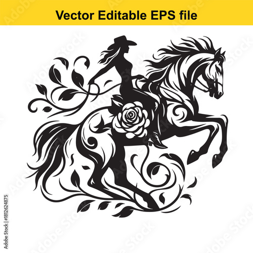 Silhouette of woman riding rearing horse with floral design