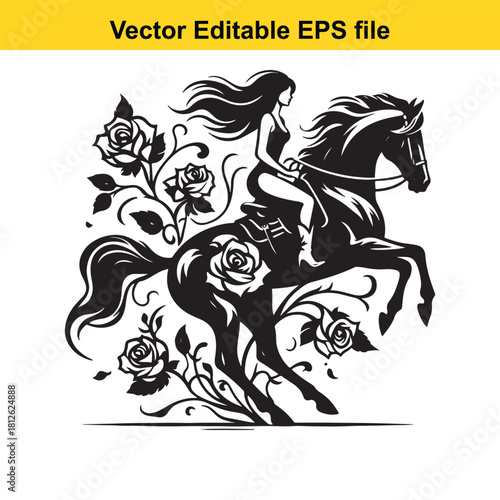 Black silhouette of woman riding rearing horse with rose flower