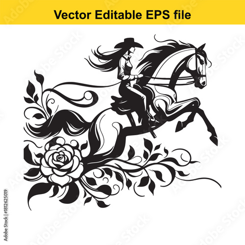 Black and white vector illustration of cowgirl riding horse