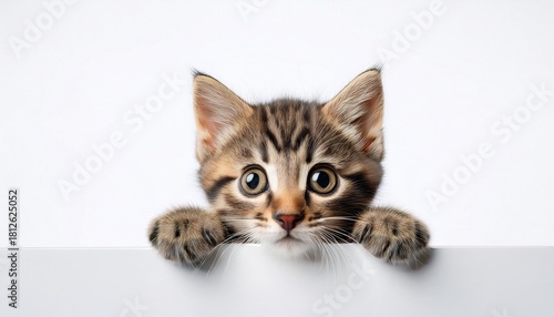 Kitten Head With Paws Up Peeking Over Blank White Sign Placard Pet Kitten Curiously Peeking Behind White Background Tabby Baby Cat Showing Placard Template Long Web Banner With Copy Space