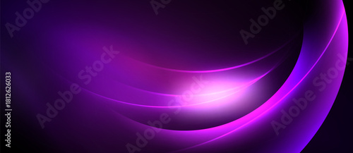 Abstract purple waves create luminous effect. Smooth curves suggest movement, depth, modern design. Bright center draws focus.