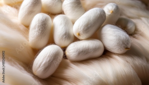 Close Up Image Of Several White Silk Cocoons Clustered Together On A Soft Woolly Background Highlighting The Delicate And Smooth Textures Of The Silk Cocoons