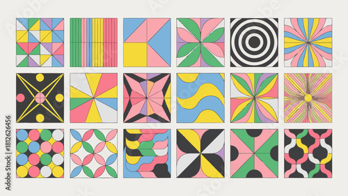 A collection of colorful geometric patterns and designs showcasing various shapes and symmetry on a