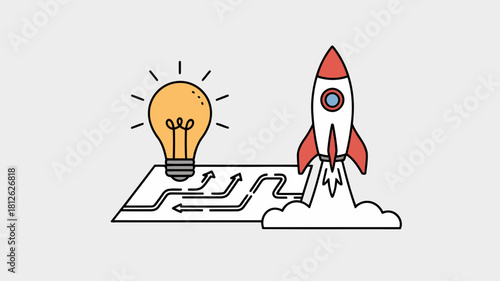 Illustration of a light bulb and a rocket on a circuit board symbolizing innovation and technology