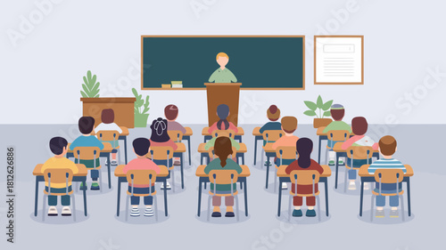 Illustration of a teacher standing at a podium in front of a classroom with students sitting at desks listening attentively