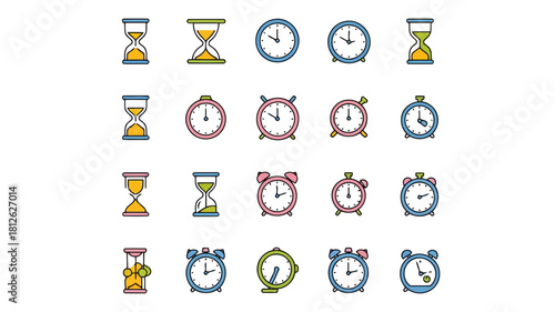 Collection of various clocks and hourglasses in different styles and colors, isolated on