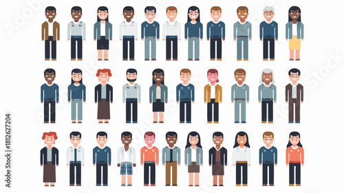 Diverse group of cartoon people with various hairstyles, clothing, and accessories, standing in rows, representing different genders and ages