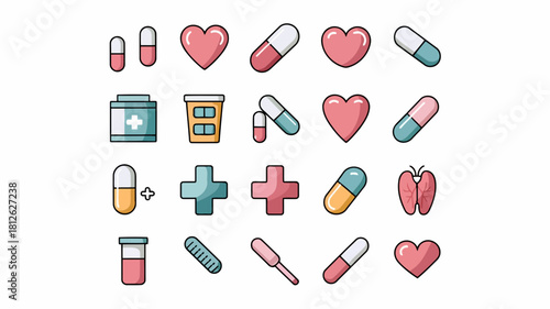 Illustration of various medical icons including pills, capsules, heart shapes, and medical symbols
