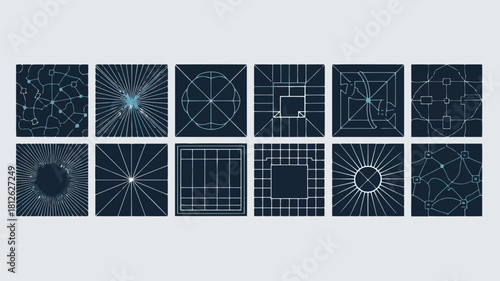 Collection of abstract geometric patterns and designs with blue lines on a dark background
