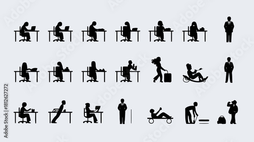 Set of silhouettes showing various activities and postures of people sitting, standing, and lying down