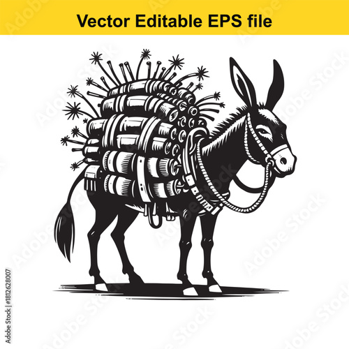 Black and white vector illustration of a donkey loaded with dynamite