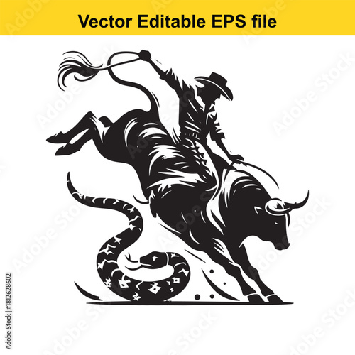 Silhouette of cowboy riding a bucking bull with snake below