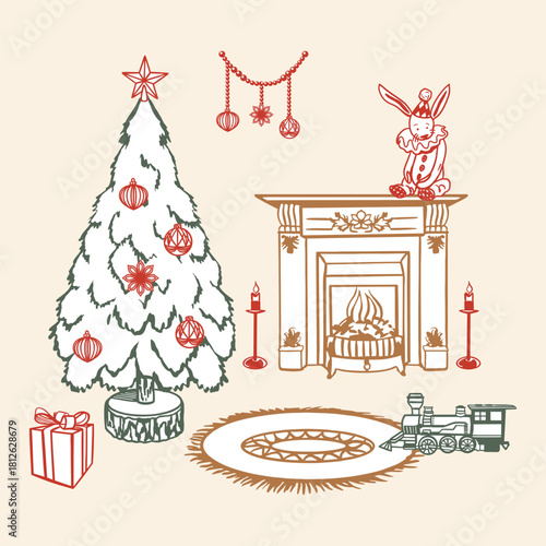 Christmas interior with a fireplace, carpet, fir tree, candles, a train and a bunny. Hand drawn line art pastel vector illustration for New Years cards. Suitable for window stickers and banners.