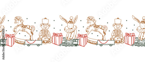 Christmas toys seamless border. Rocking horse, teddy bear, gift, train and bunny. Hand drawn pastel line art vector illustration for New Years cards. Also suitable for window stickers and banners.