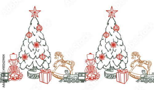 Christmas tree and toys seamless border. Rocking horse, teddy bear gift and train. Hand drawn pastel line art vector illustration for New Years cards. Also suitable for window stickers and banners.