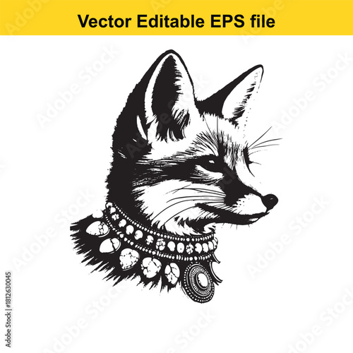 Vector illustration of a fox head wearing a decorative collar