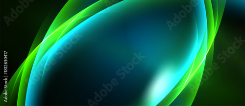 Abstract background features flowing green lines, vibrant teal center. Smooth gradients create dynamic visual effect. Dark edges frame composition.