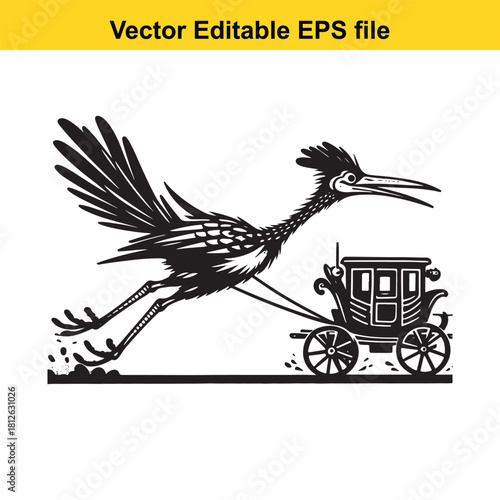 Roadrunner bird pulling a stagecoach in black and white vector