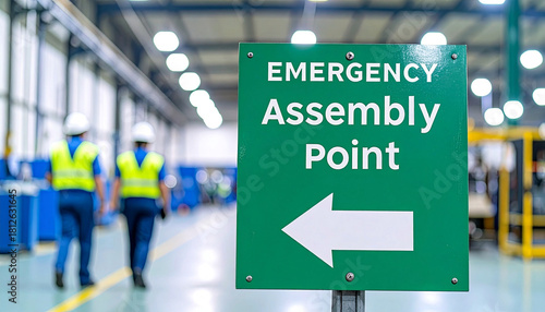 Green emergency assembly point sign with arrow. Workers with safety vests and helmets in factory. Safety sign indicates the direction for employee safety during emergency