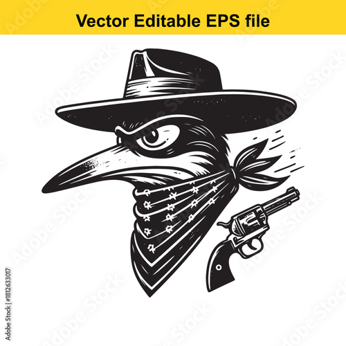 Vintage outlaw bird character with bandana and revolver isolated on