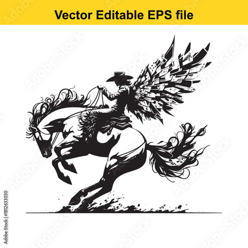 Winged cowboy riding bucking horse vector illustration isolated on