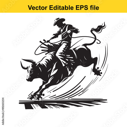 Silhouette of a cowboy riding a bucking bull in rodeo sport