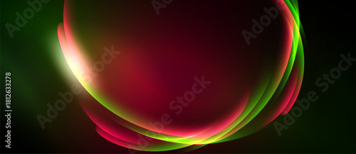 Abstract design features flowing curves, vibrant colors. Red, green, yellow blend creating dynamic visual effect. Dark background emphasizes luminosity.