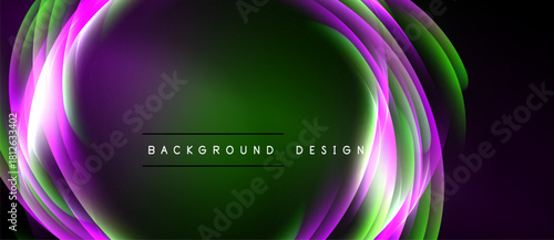 Abstract flowing lines create vibrant, layered effect. Green, purple, pink hues dominate dark background. Text reads background design.