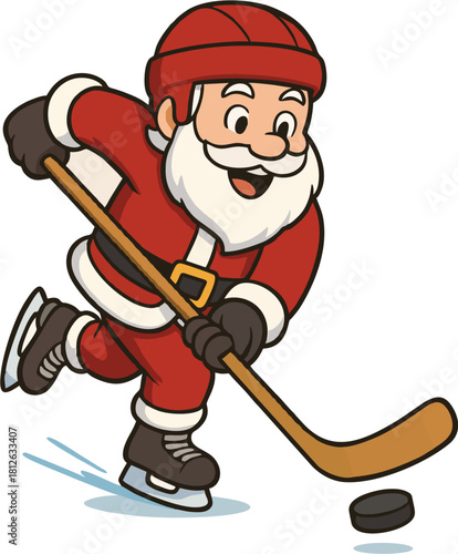 Cartoon Santa Claus in a red suit and helmet playing ice hockey, holding a stick and chasing a puck on the ice.