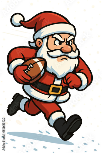 Cartoon Santa Claus in a red suit determinedly running through snow with an American football, snowflakes swirling around him.