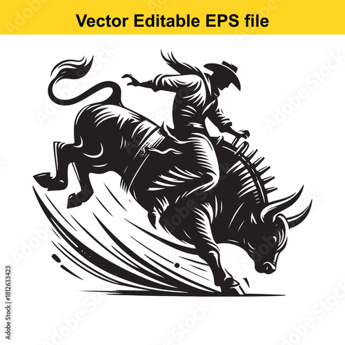 Black and white vector illustration of a cowboy bull riding
