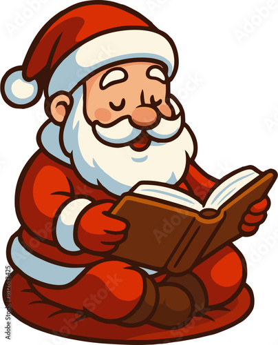 Cartoon Santa Claus in a red suit sitting by a fireplace, reading a book with a Christmas stocking hanging above the fire.