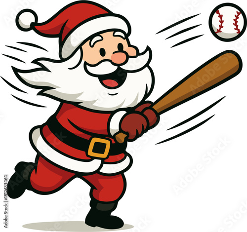 Cartoon Santa Claus in a red suit joyfully swinging a baseball bat at a flying baseball, with motion lines emphasizing action