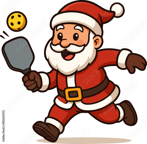 Cartoon Santa Claus in red suit running while swinging a paddle, about to hit a yellow pickleball with a cheerful expression.