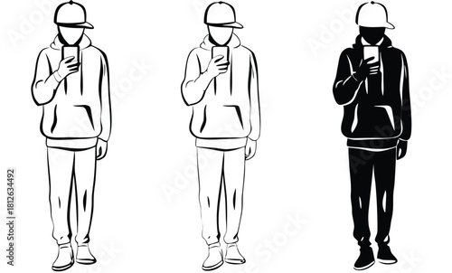 Hoodie-Wearing Person Looking at Smartphone – Trio Outline and Silhouette Vector Set for Modern Urban Streetwear Illustration