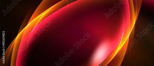 Abstract background features flowing orange lines over deep red surface. Dramatic lighting creates dynamic visual impact. Minimalist design.