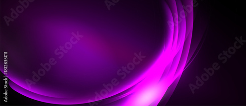 Abstract purple swirls dominate image. Smooth gradients create flowing, luminous effect against black background. Modern design.