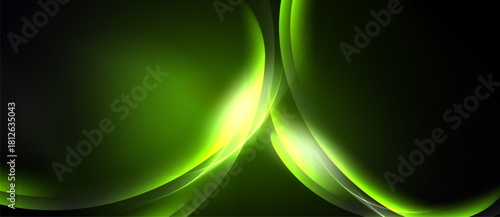 Abstract design features flowing green shapes, luminous highlights, dark background. Smooth curves create dynamic visual impact.