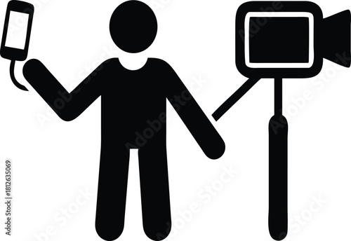 Vlogger Stick Figure with Smartphone and Camera Setup | Content Creator Icon for Social Media, Filming, Recording, and Video Production Designs