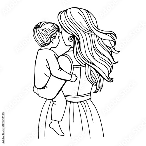 A delicate line art illustration of a mother carrying her young child. The flowing hair and gentle pose highlight warmth, care, and emotional connection, making it ideal for Mother's Day designs and
