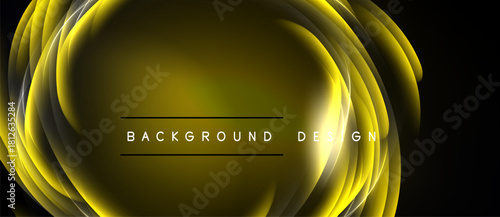 Abstract yellow waves form dynamic oval shape. Dark background emphasizes glowing lines, creating modern design element.