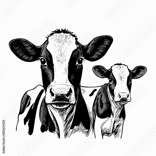 Detailed black-and-white ink illustration of two Holstein-Friesian calves in a close-up portrait, featuring bold markings, fine hatching, and strong contrast on a white background.
